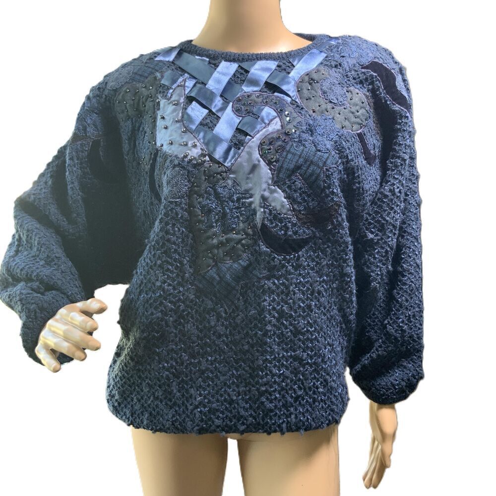 Marieakim Womens Embroidered Crew Neck Acrylic Blend Pullover Sweater Size Small